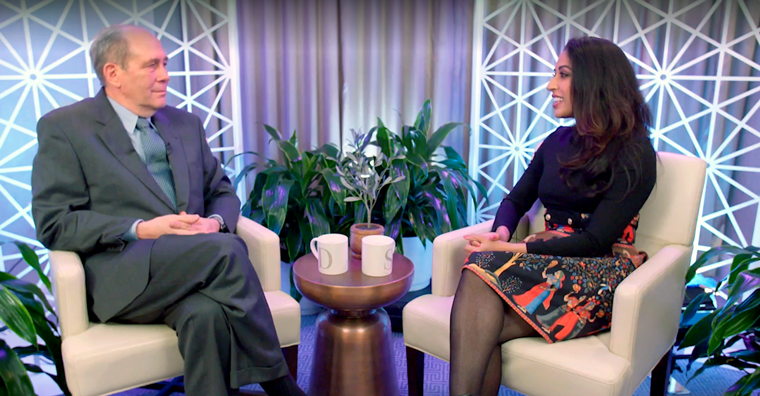 ACR President David Karp, MD, PhD (left), discusses how COVID-19 has transformed healthcare and rheumatology with keynote speaker Seema Yasmin, MD, during the Opening Session at ACR Convergence 2021.